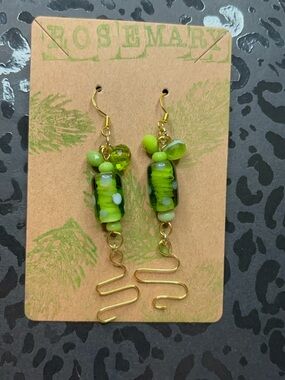 Handmade Lime Green Glass Bead Dangle Earrings with Gold Swirl
